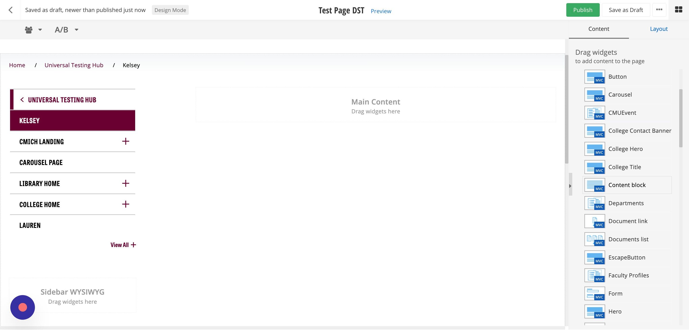 Screenshot of: Find the Content Block widget in the widget menu. Drag and drop it into the Main Content section.