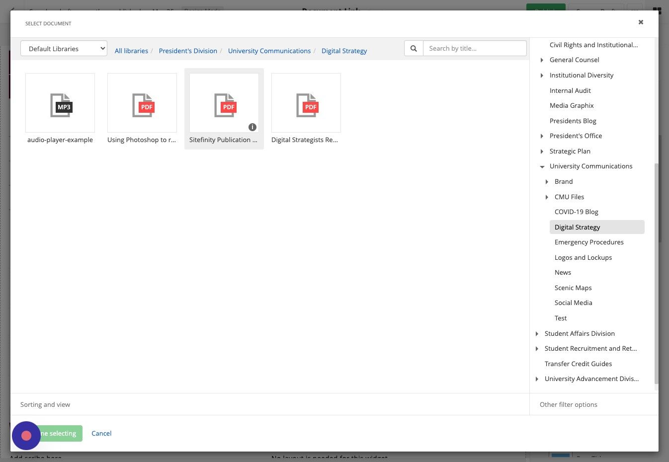 Screenshot of: Search for or navigate to the desired document you have uploaded to your Digital Asset Management (DAM) library, then click 