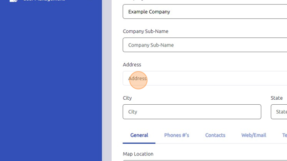 Screenshot of: Enter company address (zip/postal code is the only required address field).