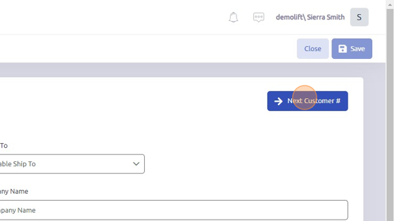 Screenshot of: Click "Next Customer #" to generate customer number or enter customer number manually.