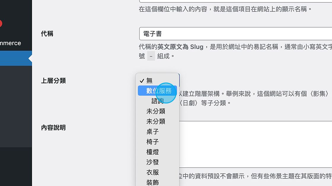 Screenshot of: 選擇「上層分類」(數位服務)