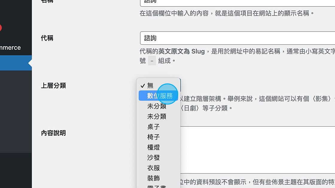 Screenshot of: 選擇上層分類 (數位服務)