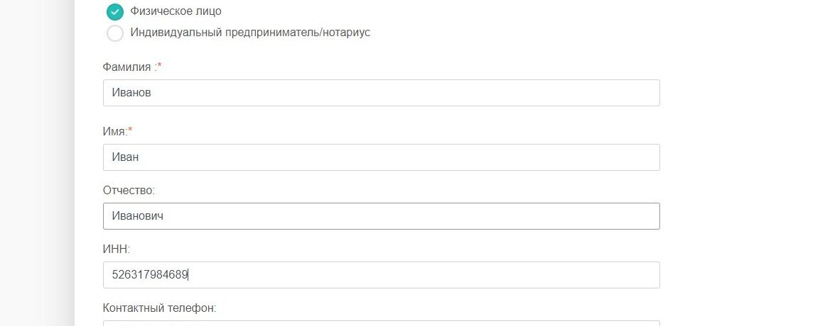 Screenshot of: Укажите Ваш ИНН.