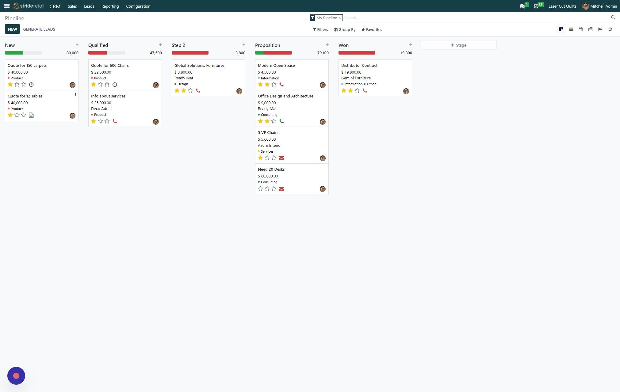 Screenshot of: Now you can see that the "Quote" icon appeared on the bottom of the opportunity card in green.  It has been scheduled and is not overdue.  (Overdue activities are red and on-time/future activities are green.)