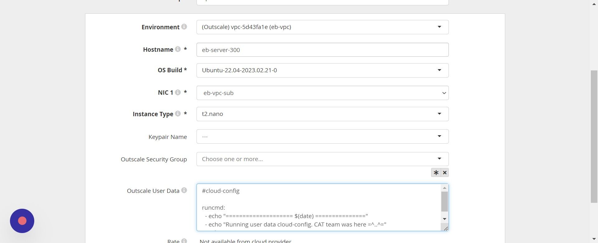 Screenshot of: In the Server Blueprint select Outscale environment and the supported OS Build.
   Enter User Data script and submit order.
