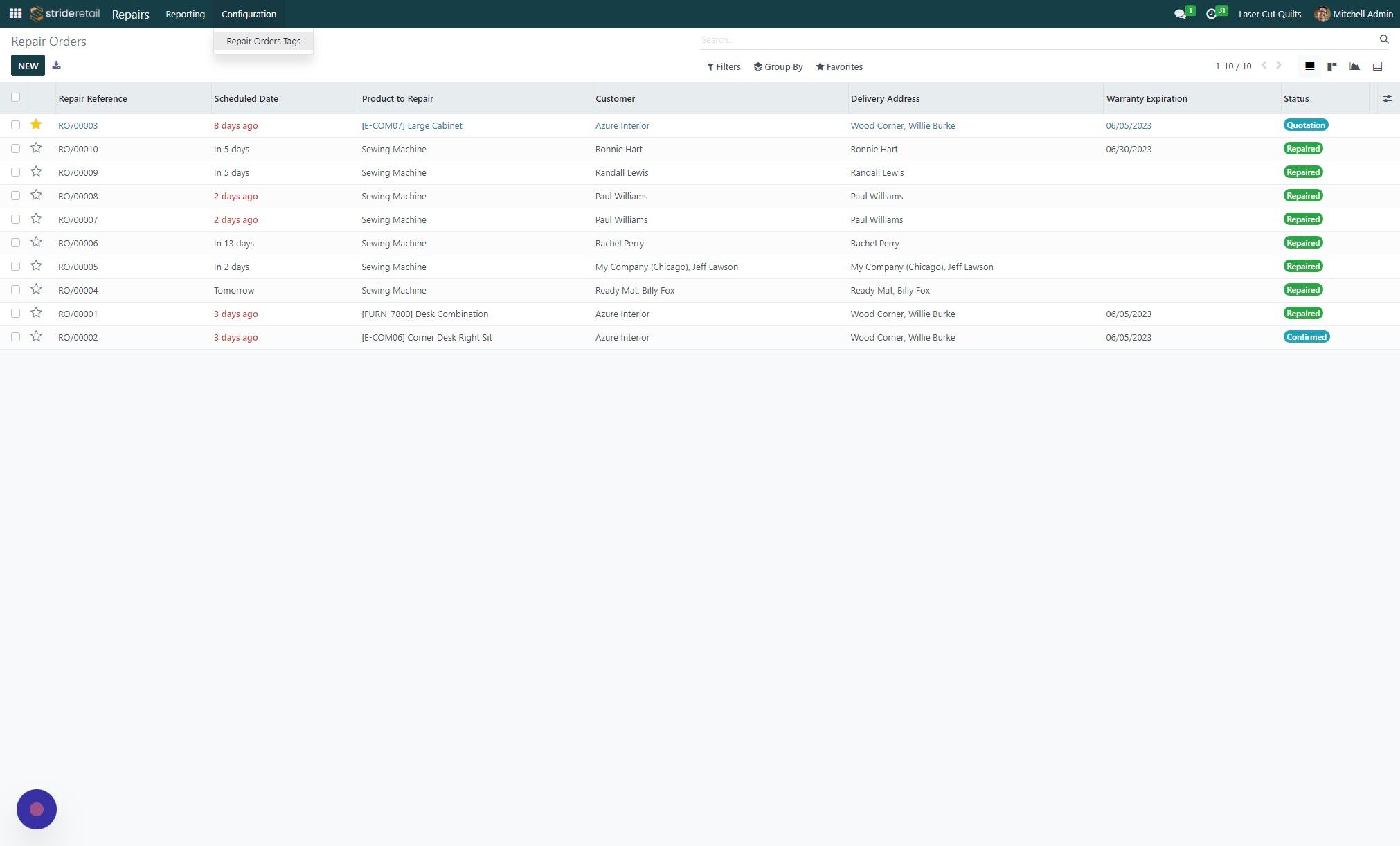 Screenshot of: Click "Repair Orders Tags"