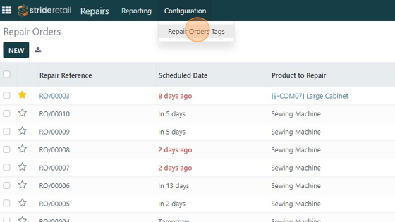 Screenshot of: Click "Repair Orders Tags"