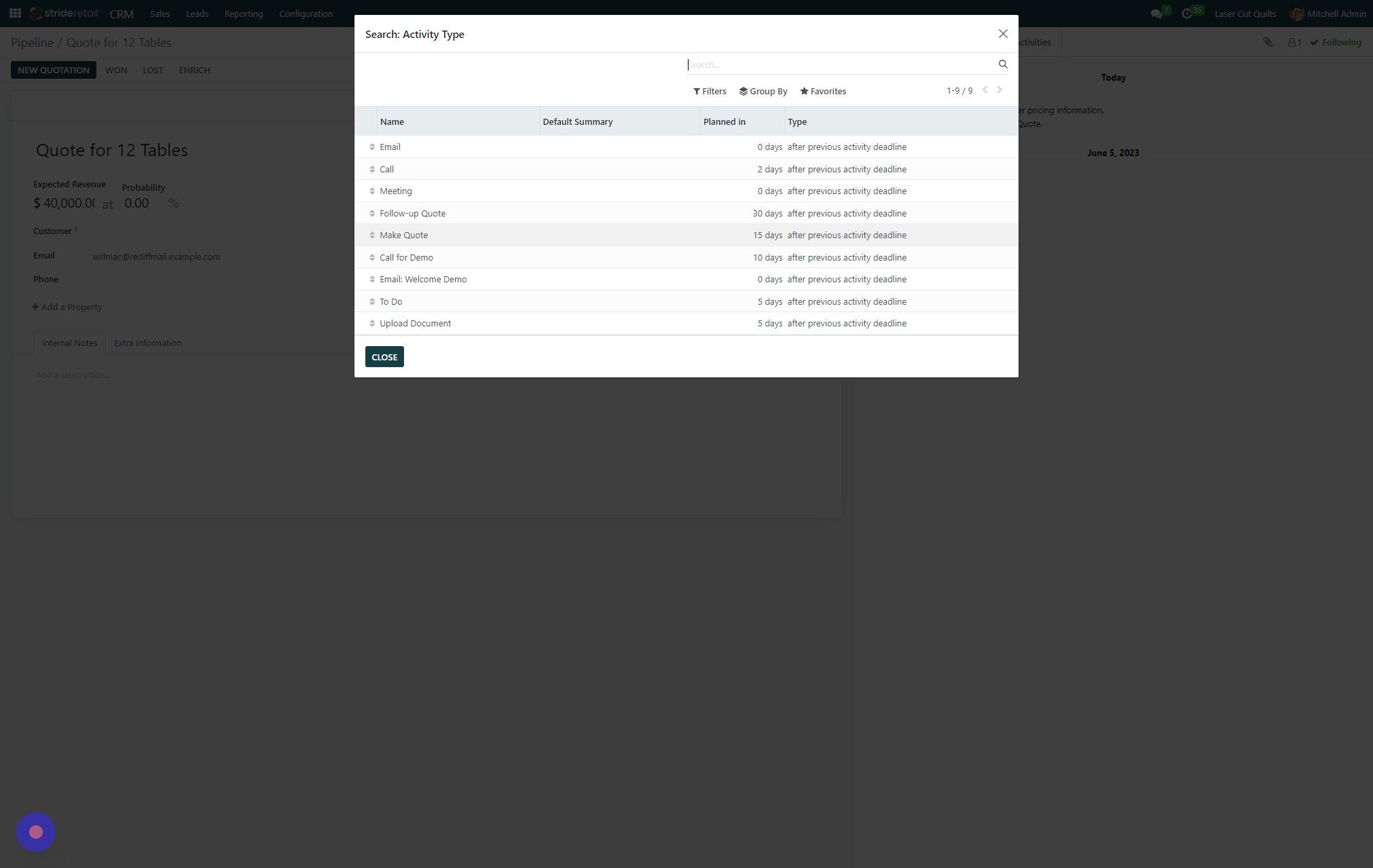 Screenshot of: Choose the activity you want to schedule