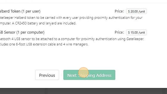 Screenshot of: Enter the tokens number and USB sensors number. Then click "Next: Shipping Address".