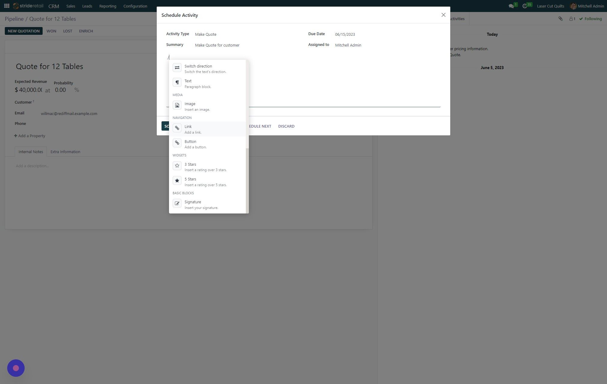 Screenshot of: You can add images, documents, etc. to this note section by typing "/" and selecting your option.