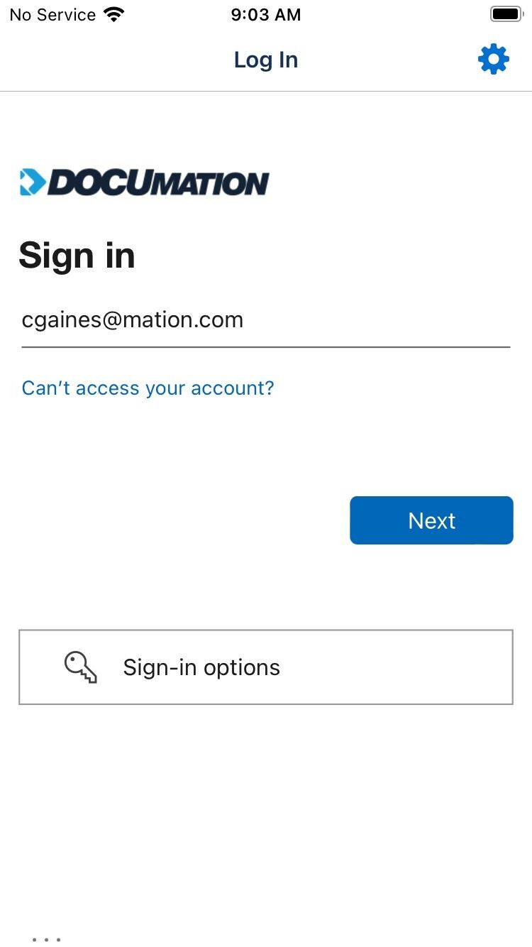 Screenshot of: Type in your DOCUmation email address and tap next. 
