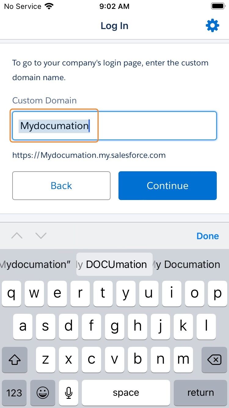 Screenshot of: Type in mydocumation and then tap continue. 