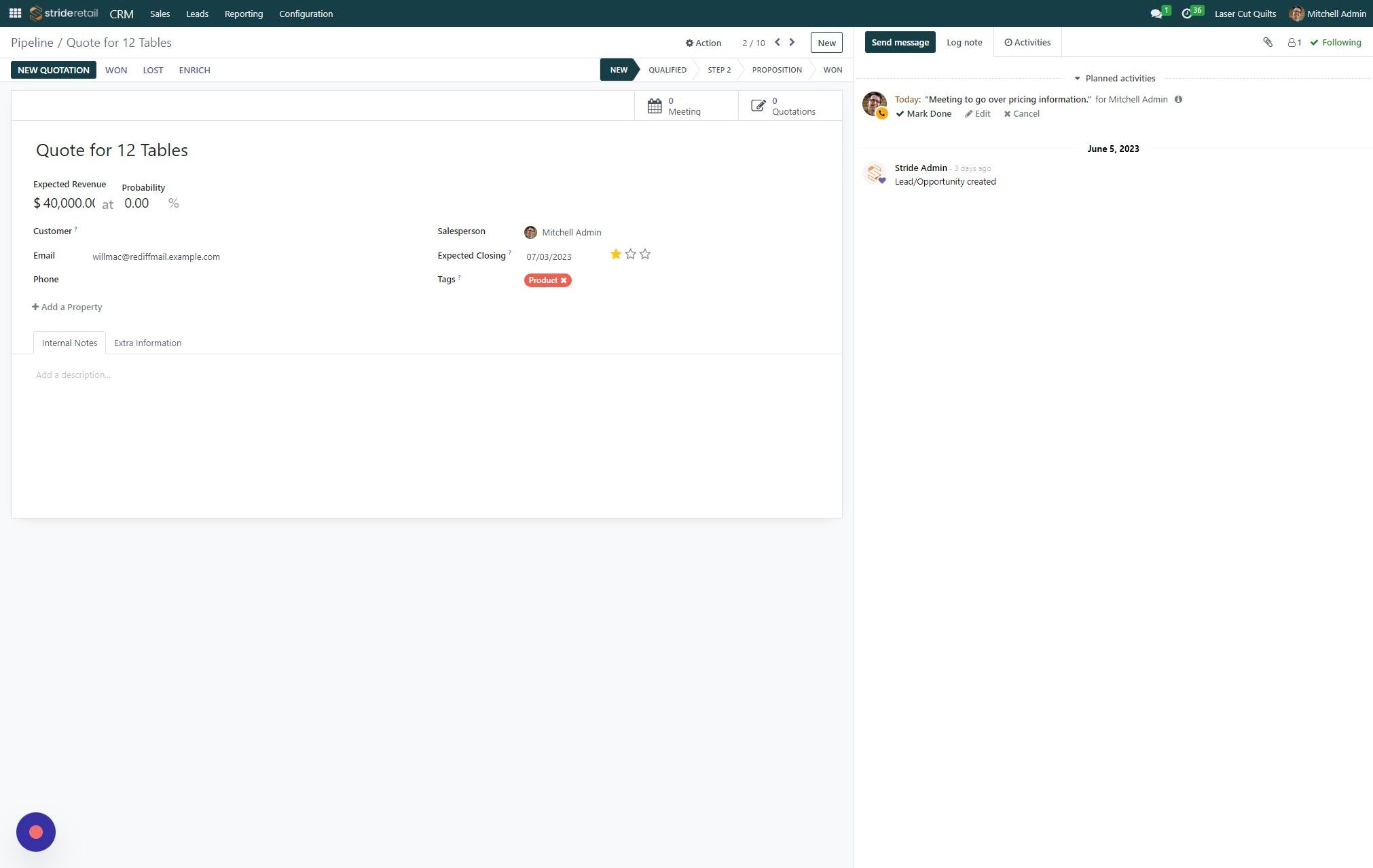 Screenshot of: In the "Chatter" is where you will see details about any schedule activities for this opportunity.  In this example, we had a meeting schedule for today.  If I click done I will be able to add information about this activity.