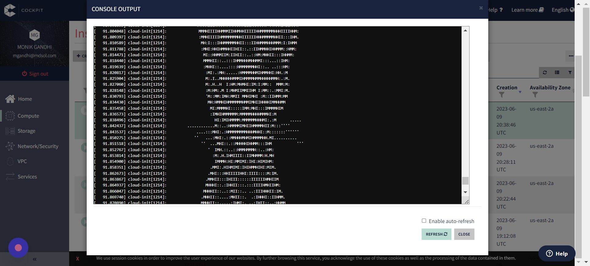 Screenshot of: Submit the blueprint order and confirm script execution in the Outscale console: