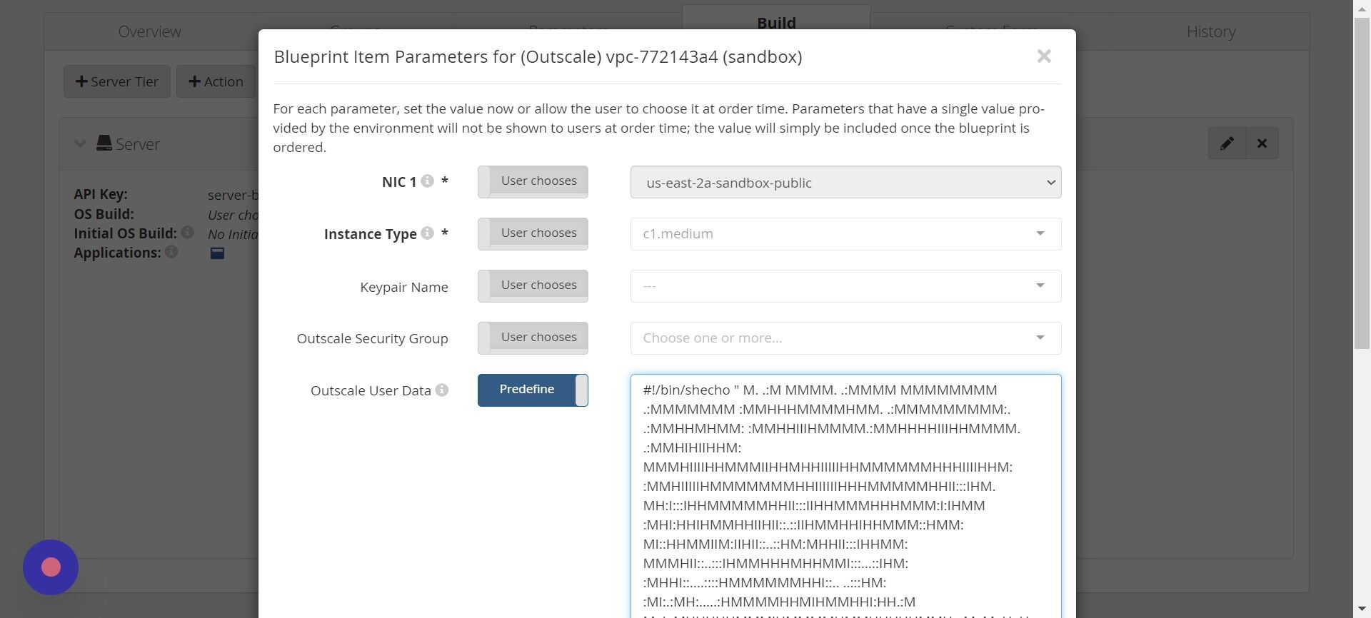 Screenshot of: Select the predefined user data script from the drop-down list.
