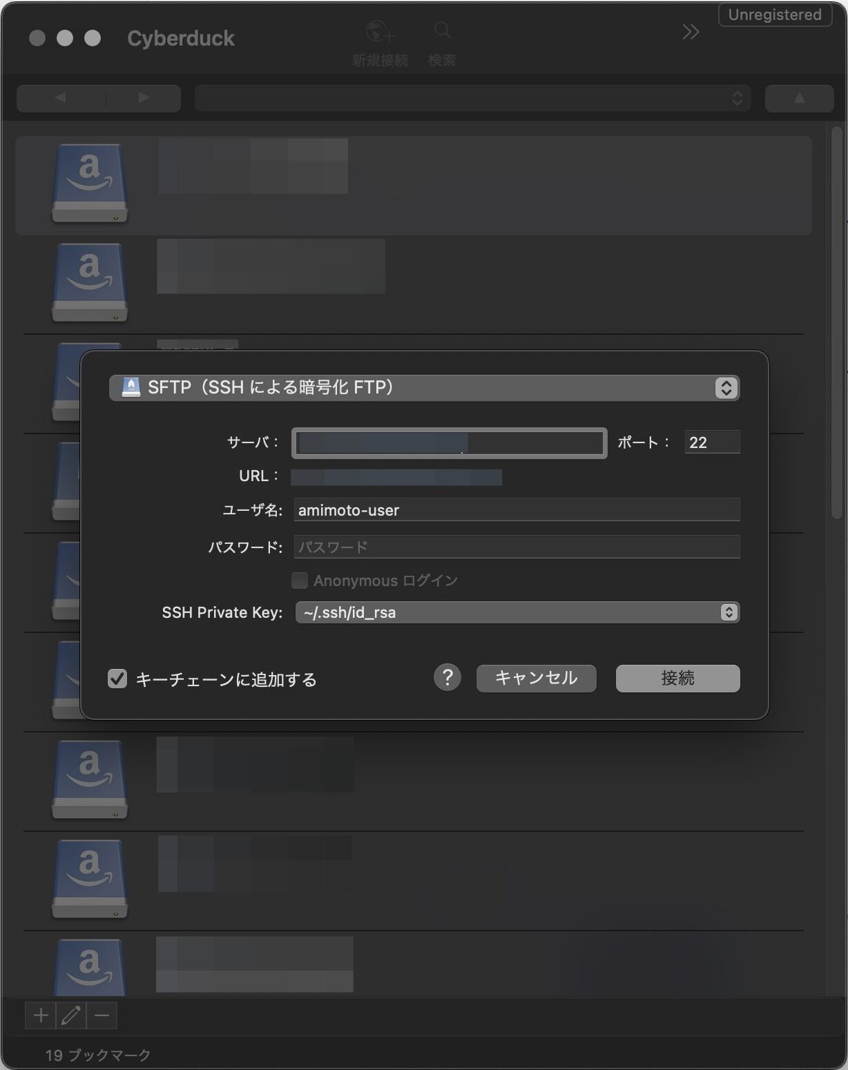 Screenshot of: "接続" をクリックします。