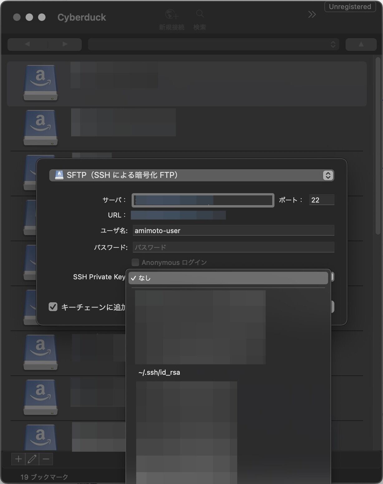 Screenshot of: SSH Private Key から先程 Amimoto ダッシュボードからダウンロードした "SSH/SFTP Keyファイル" を選択します。
