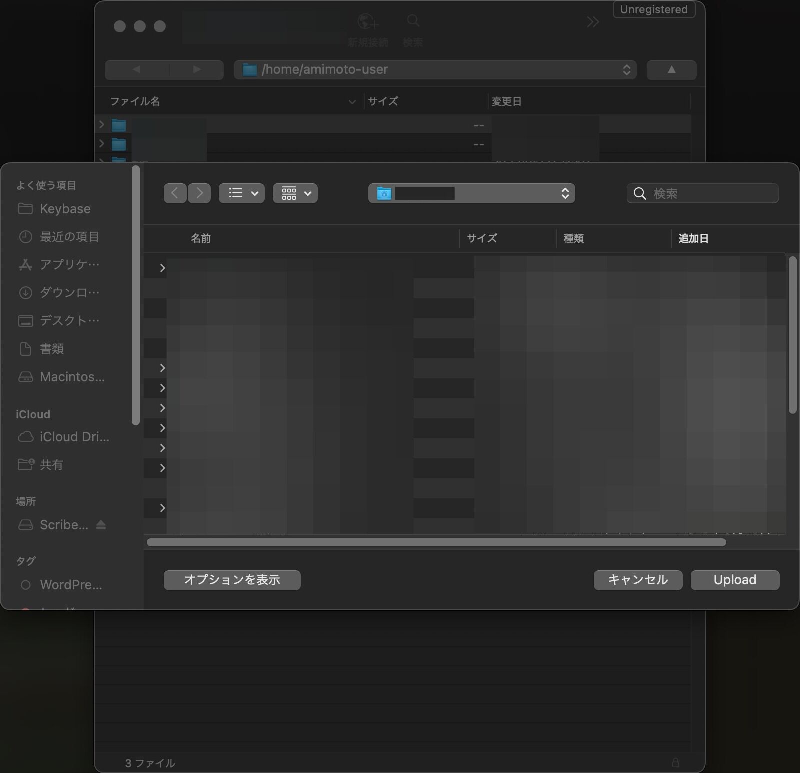 Screenshot of: アップロードしたいファイルを選択し、"Upload" をクリックします。