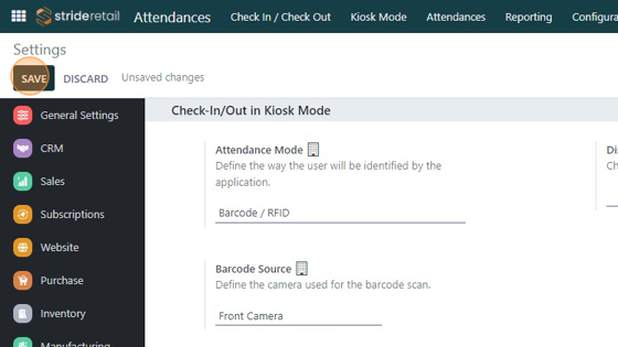 Screenshot of: Select the "Barcode/RFID" choice and click "SAVE"