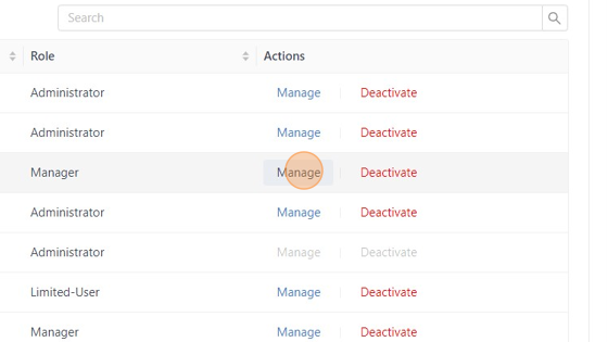 Screenshot of: Under the "Actions" column, click the "Manage" button.