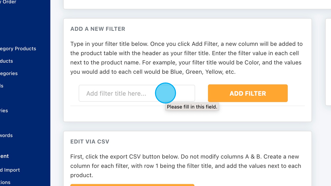 Screenshot of: Click the Add filter text box and type the title of the filter you wish to create.