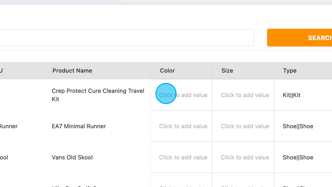 Screenshot of: The page will refresh, and in the bottom table, you will notice a new column with your filter title. Click in the cell and add the colors you want to assign to the product.