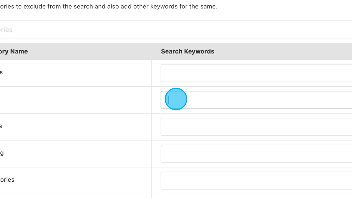 Screenshot of: To add search keywords to the category, click in the search keywords column and fill it with keywords.