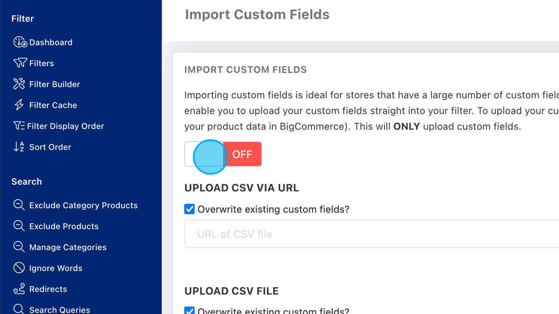 Screenshot of: Enable custom field import but switching it to On.