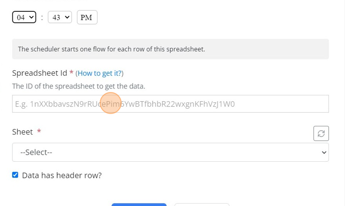 Screenshot of: Provide the 'Spreadsheet Id' to the field.