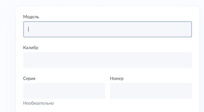Screenshot of: Укажите сведения об оружие. Введите модель оружия. 
