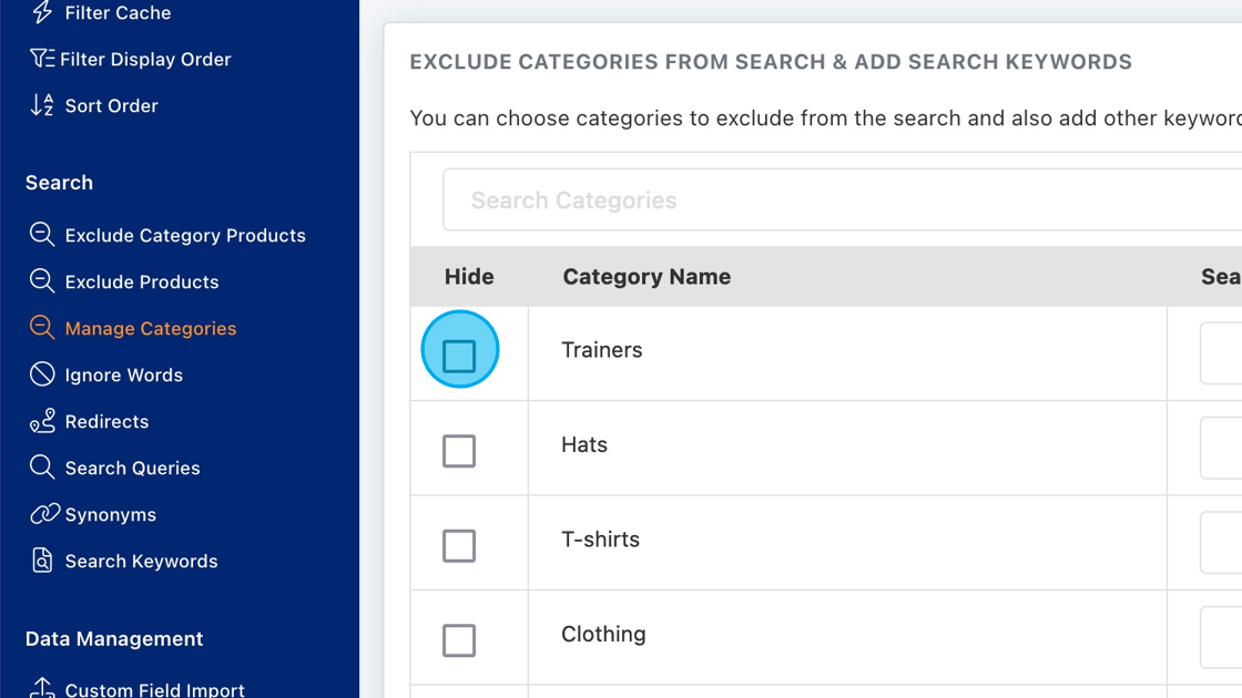 Screenshot of: If you want to exclude categories from the search, select the checkbox in the hide column.