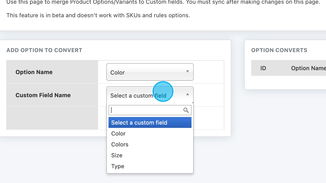 Screenshot of: Click on Select a custom field.