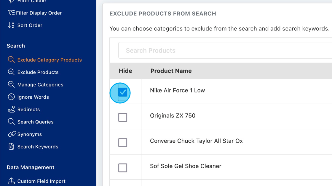 Screenshot of: Select the products you would like to exclude from the search.