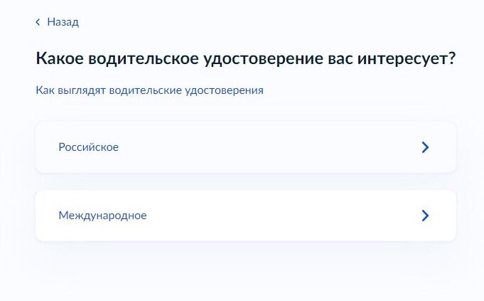 Screenshot of: Выберите тип водительского удостоверения. 