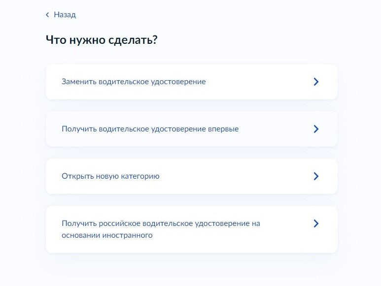 Screenshot of: Выберите "Получить водительское удостоверение впервые". 