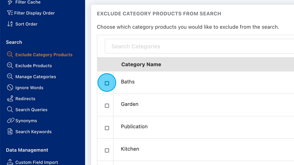 Screenshot of: This feature empowers you to omit certain categories from the search results, not the products themselves. Simply click on the categories that you wish to exclude from the search.