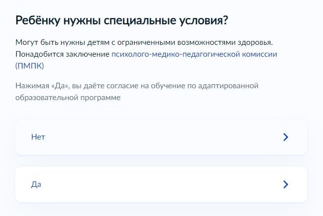 Screenshot of: Укажите, нужны ли будут ребенку специальные условия (например, если ребенок с ограниченными возможностями здоровья). 