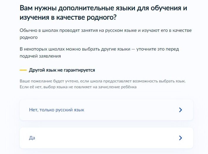 Screenshot of: Укажите, нужны ли будут ребенку дополнительные языки для обучения и изучения в качестве родного. 