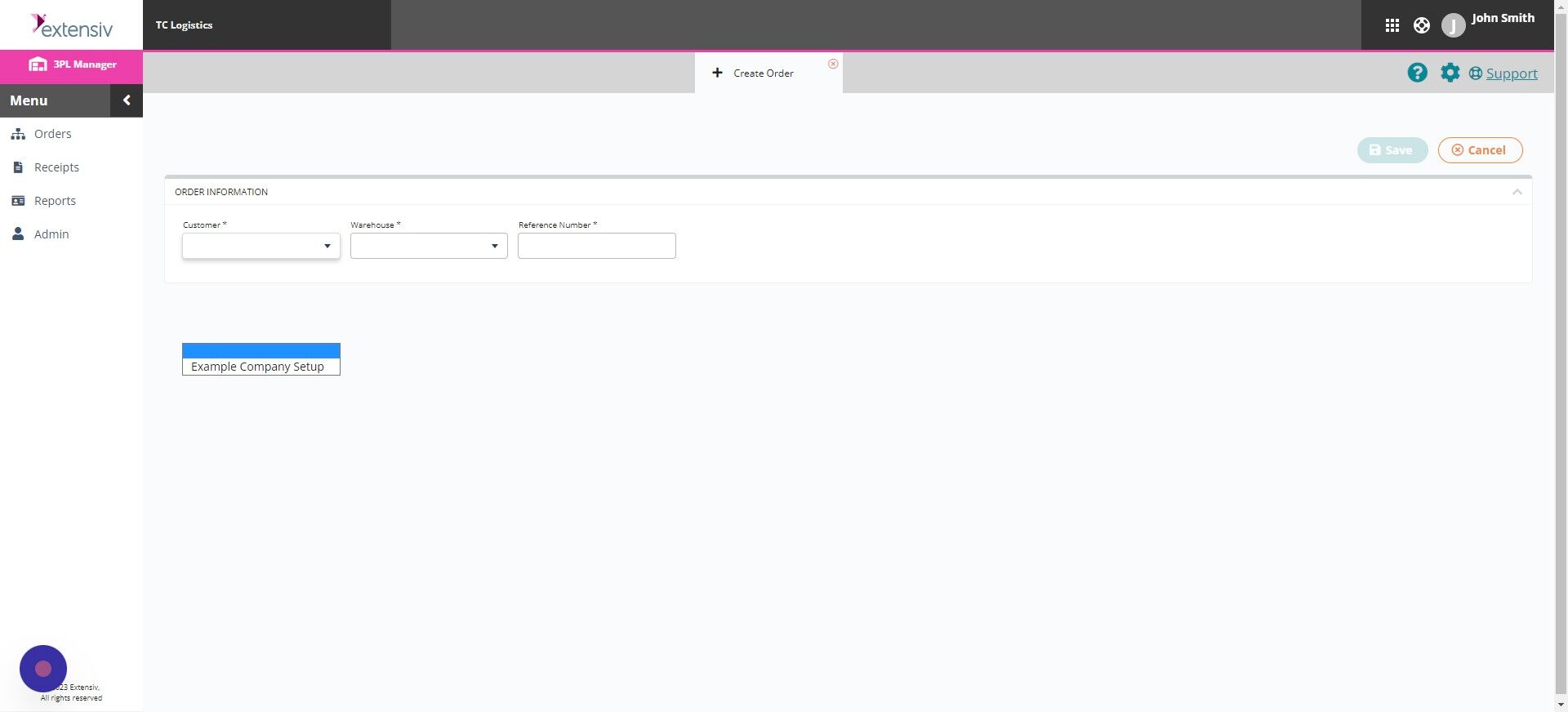 Screenshot of: Select your Account and Warehouse.
