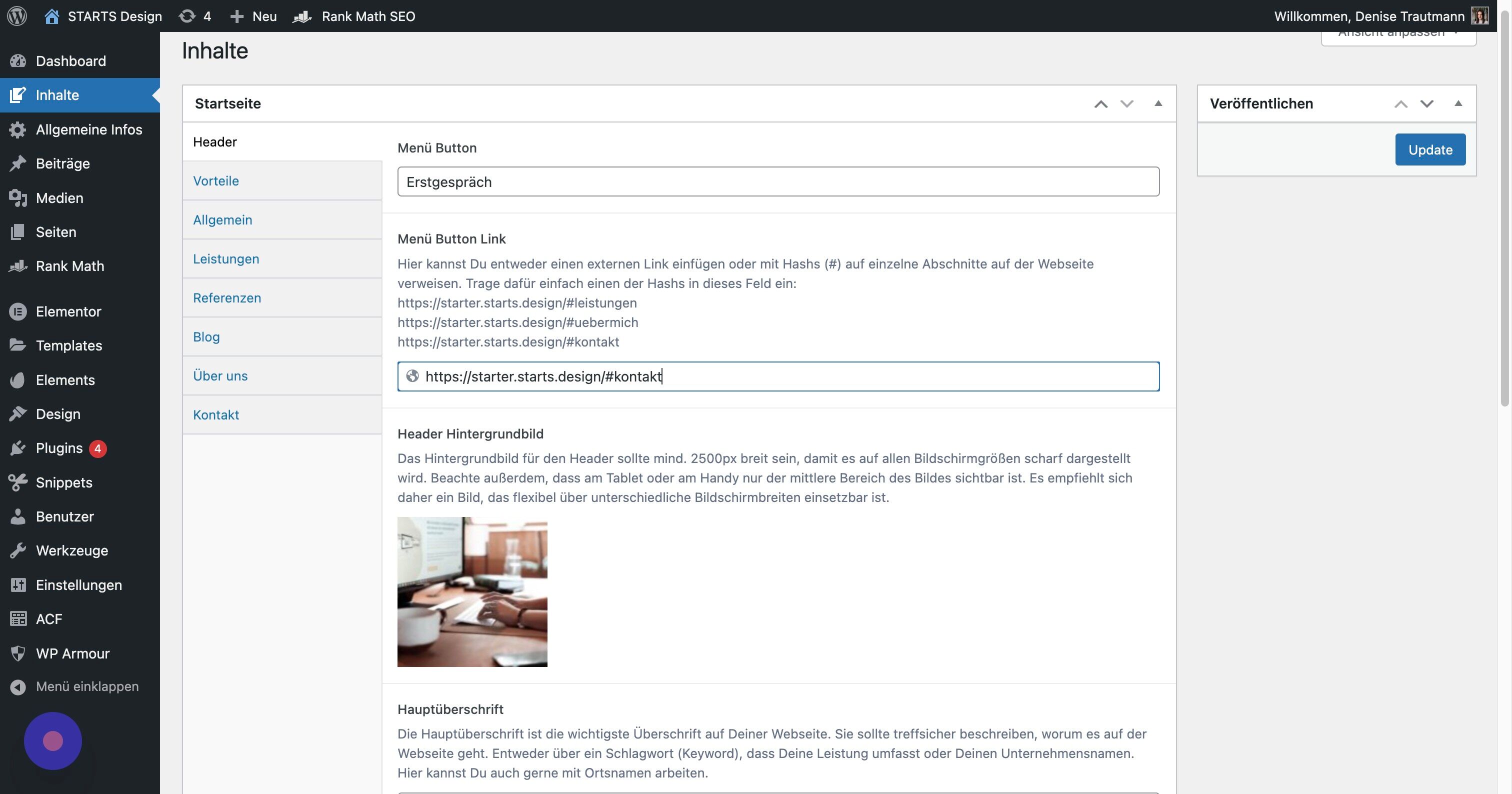 Screenshot of: Hier kannst du den Menü Button ändern. Sowohl den Text, wie auch den Link, wo dieser hinführen soll. 