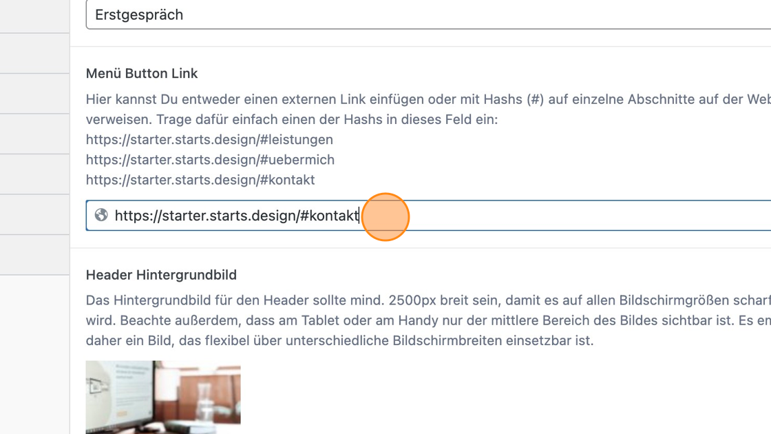Screenshot of: Hier kannst du den Menü Button ändern. Sowohl den Text, wie auch den Link, wo dieser hinführen soll.