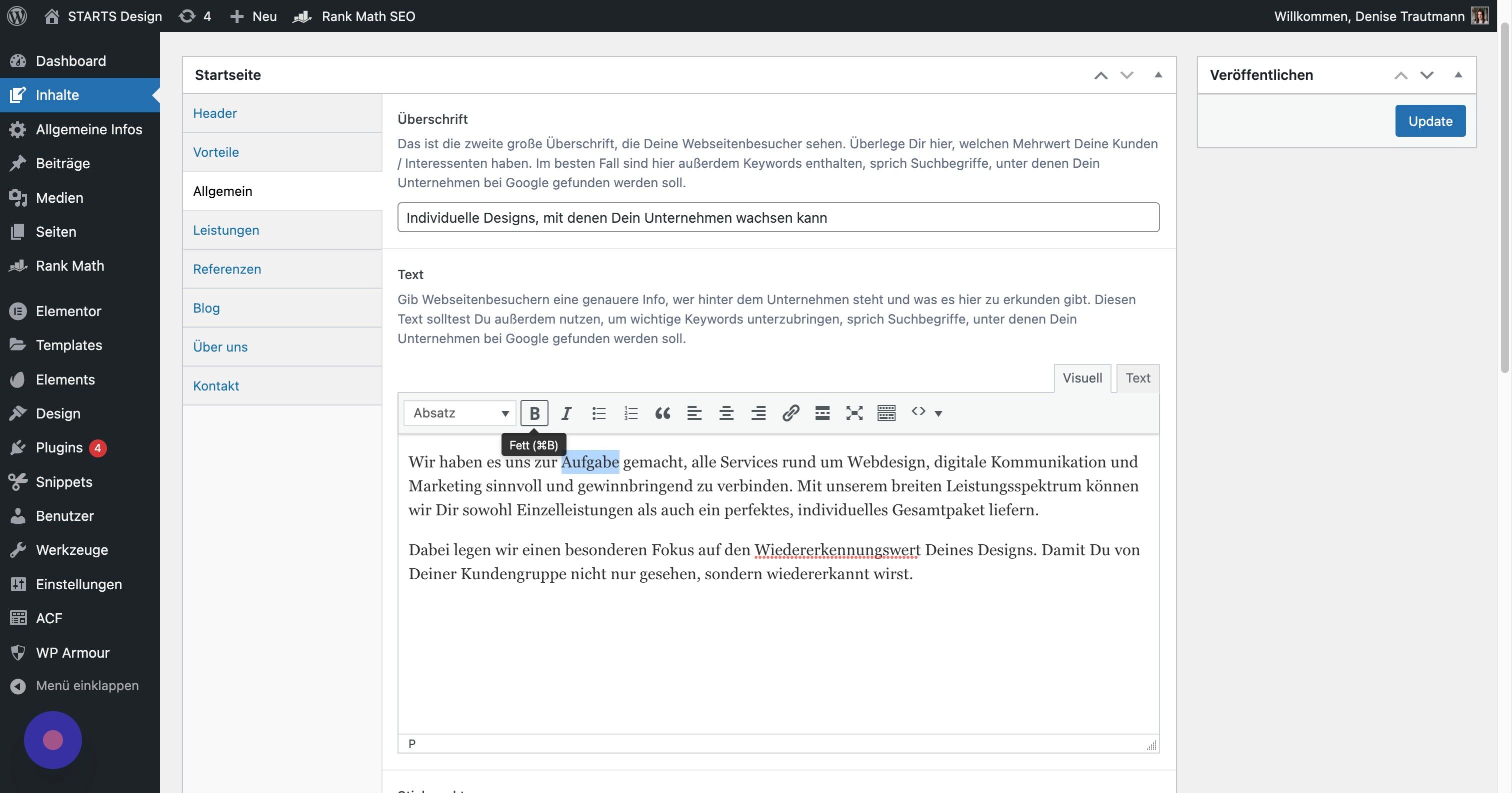 Screenshot of: In den größeren Textfeldern hast Du zusätzliche Bearbeitungsmöglichkeiten. Bspw. Text fett oder kursiv zu gestalten, Stichpunkt-Listen einzufügen oder Links zu setzen.
