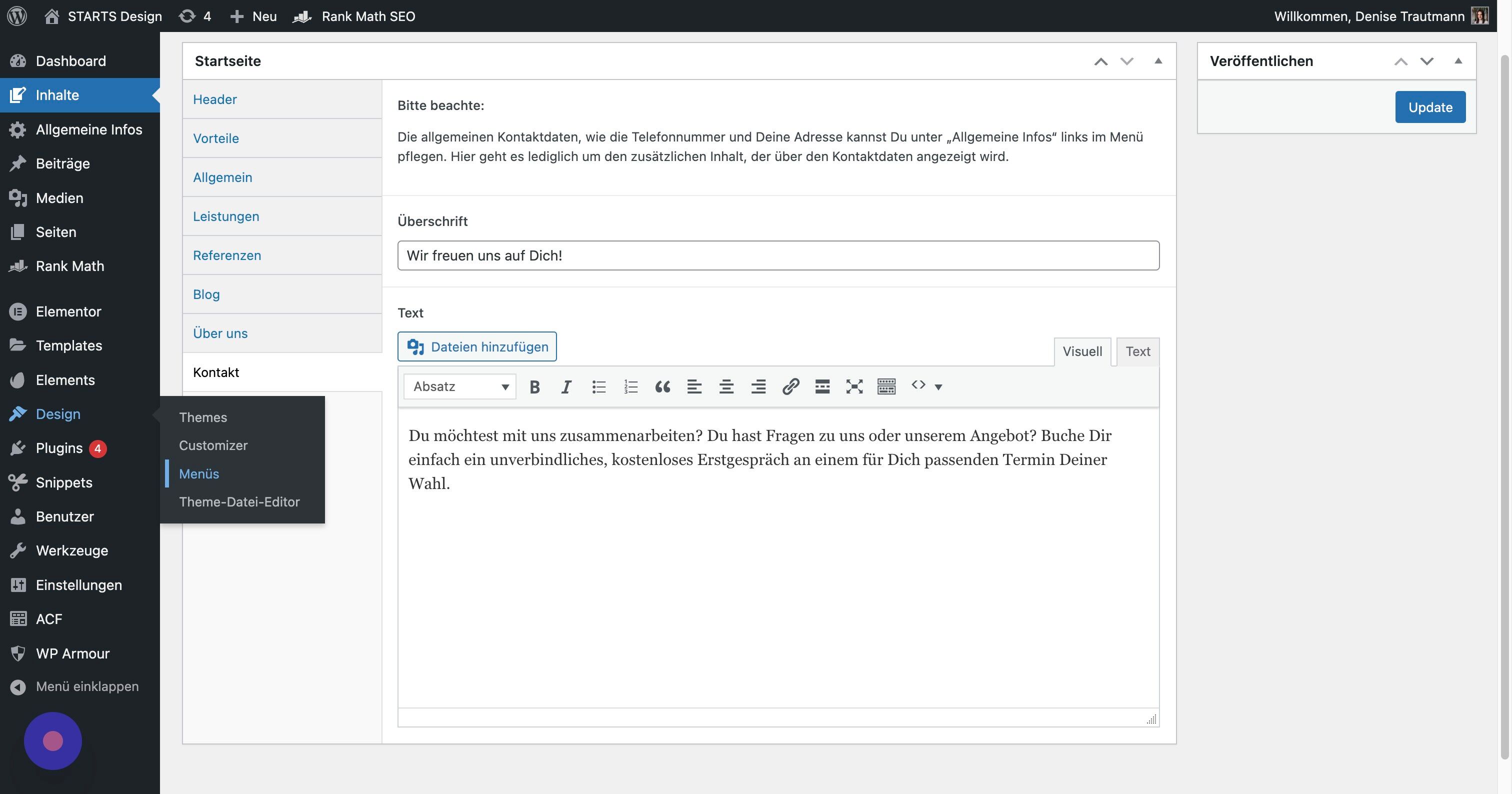 Screenshot of: Klicke auf "Design" und dann "Menüs", um die Benennung der Menüpunkte anzupassen.