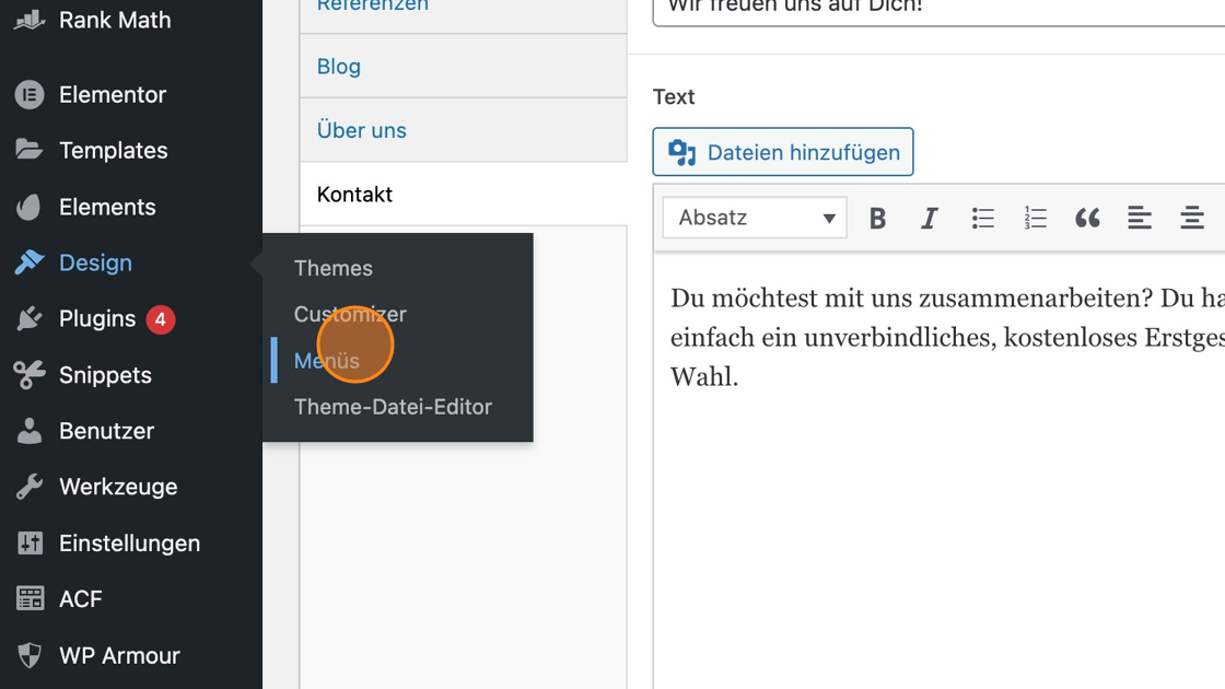 Screenshot of: Klicke auf "Design" und dann "Menüs", um die Benennung der Menüpunkte anzupassen.