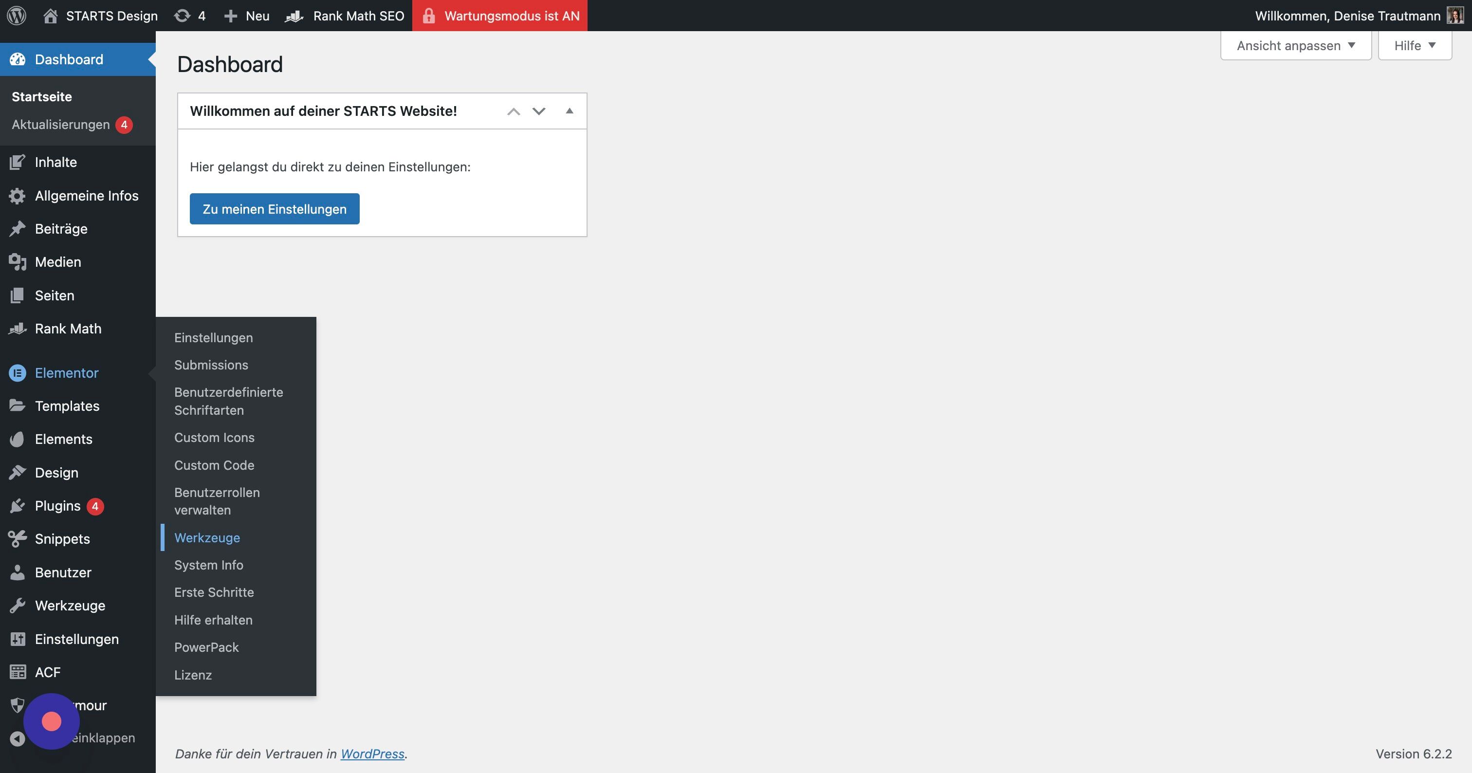 Screenshot of: Gehe im Menü zu "Elementor" und dann zu "Werkzeuge".