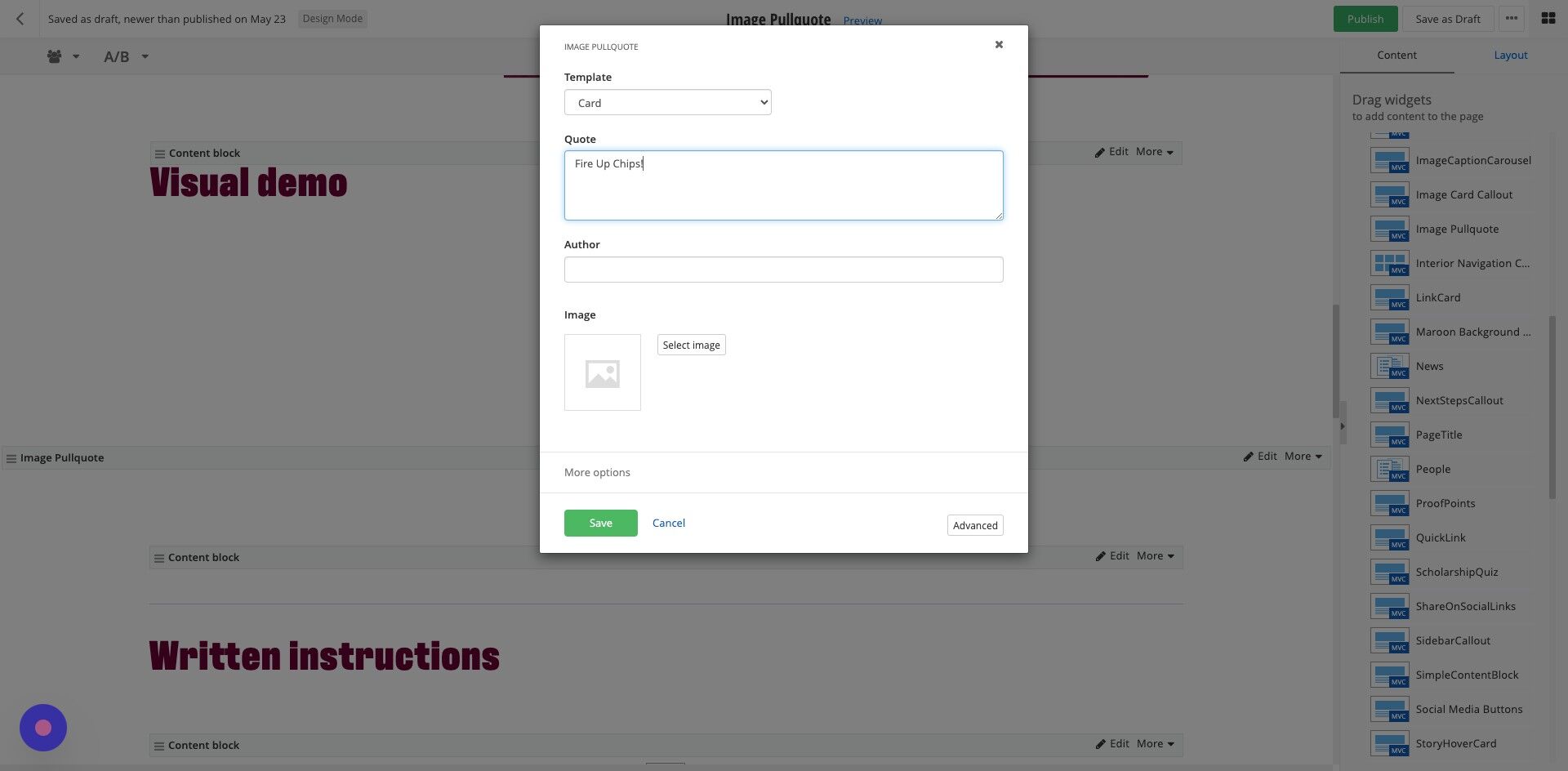 Screenshot of: Quote: Enter the quote you wish to display. Do not include quotation marks, they will auto-populate.