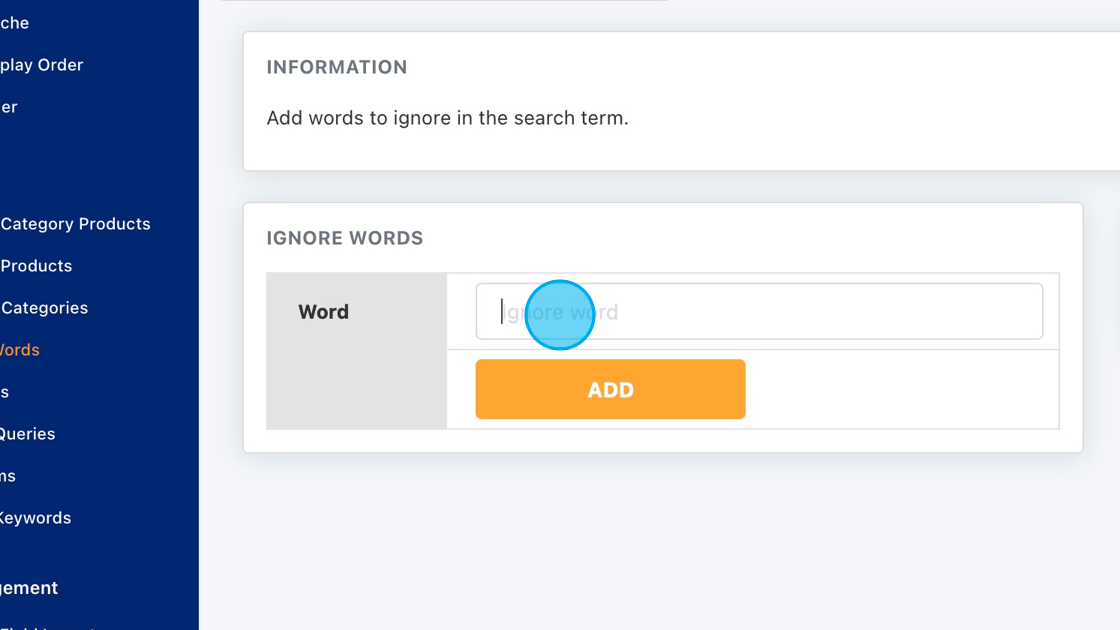 Screenshot of: To add your words, click the Ignore word text field.
