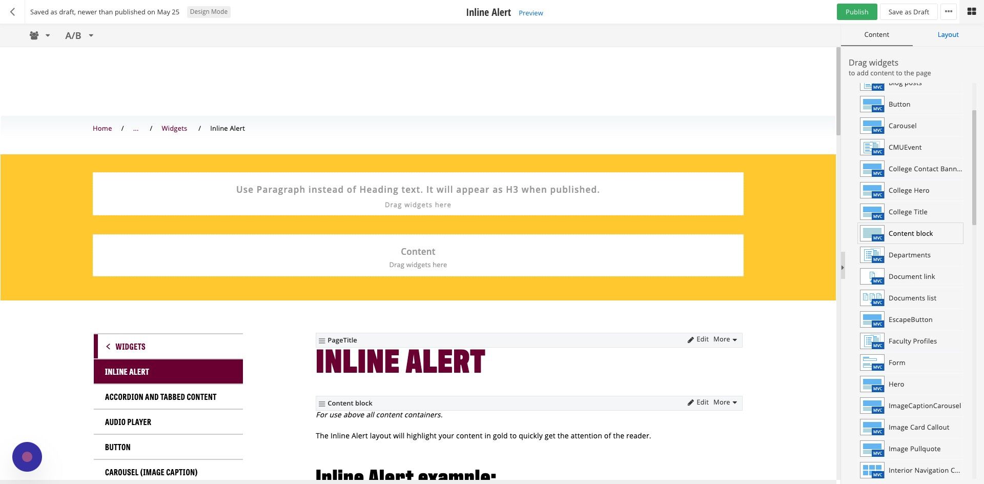 Screenshot of: Add the Content Block widget to both areas of the Inline Alert layout.