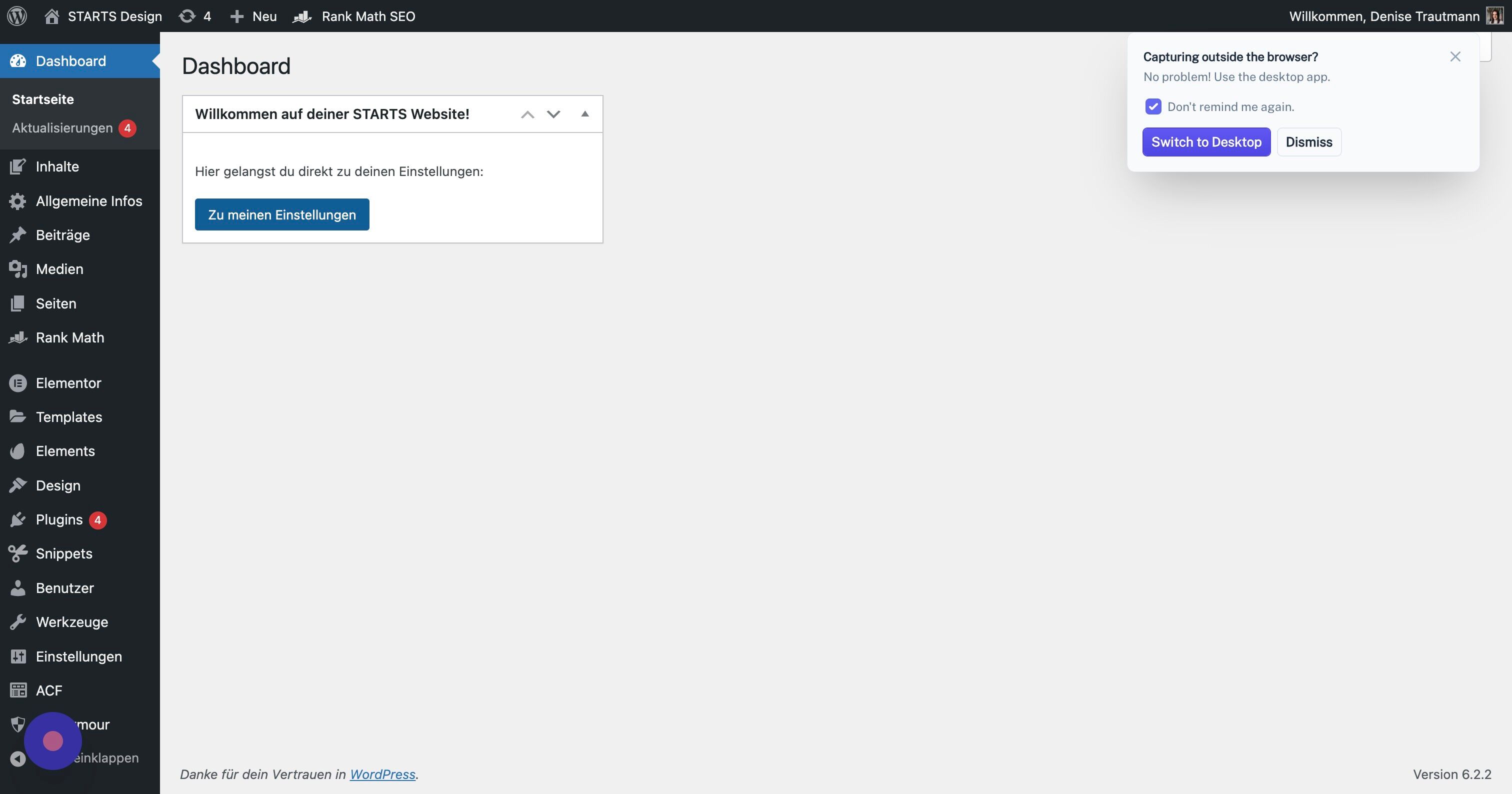 Screenshot of: Klick "Zu meinen Einstellungen", um globale Informationen anzupassen.