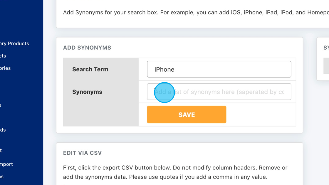 Screenshot of: Click the Add a list of synonyms here (saperated by comma). text field